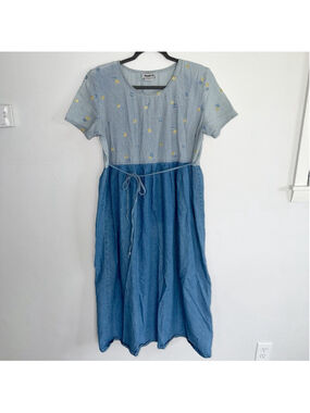 Cottagecore Maxi Dress Womens 14 Blue Gingham Denim Tie Waist Floral Embroidery